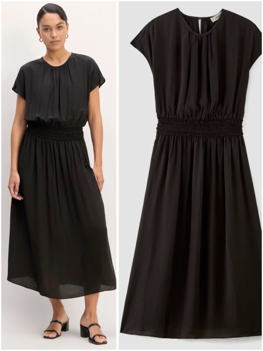 Everlane The Gathered Midi Dress Large Black Smocked Waist Short Sleeve NWOT